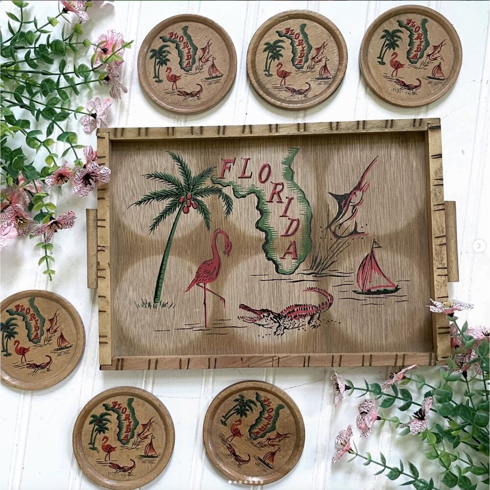 Vintage Florida Serving Tray Coaster Set Souvenir Bamboo Teak Wood Brown Japan